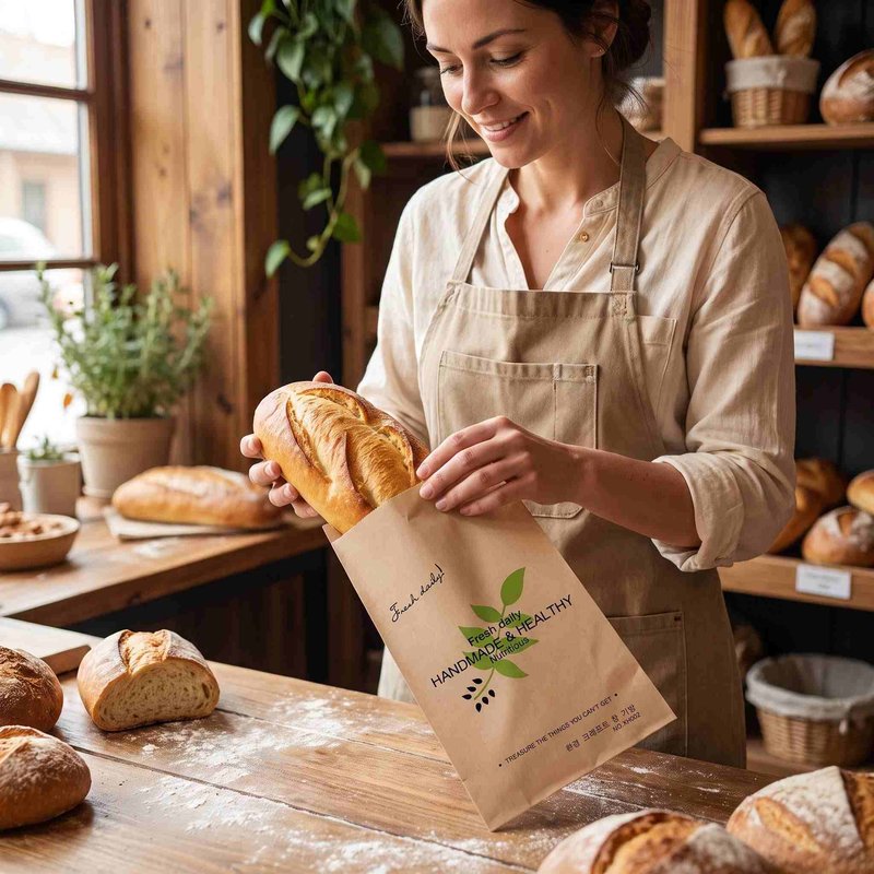 Baker packing fresh bread into PE-laminated paper bag