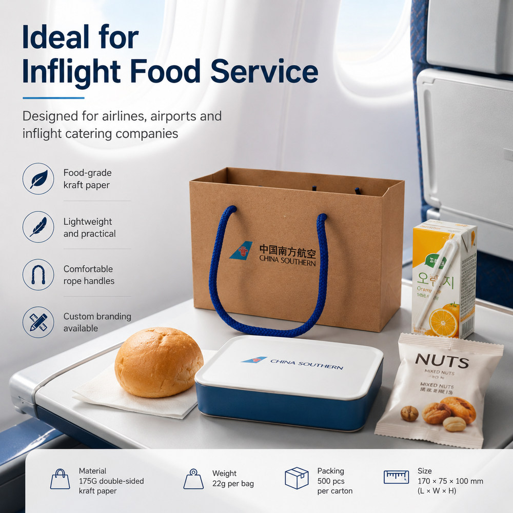 Airline kraft paper carry bag with blue rope handle - durable flat bottom for meal boxes and snacks Airline kraft paper carry bag with blue rope handle - durable flat bottom for meal boxes and snacks