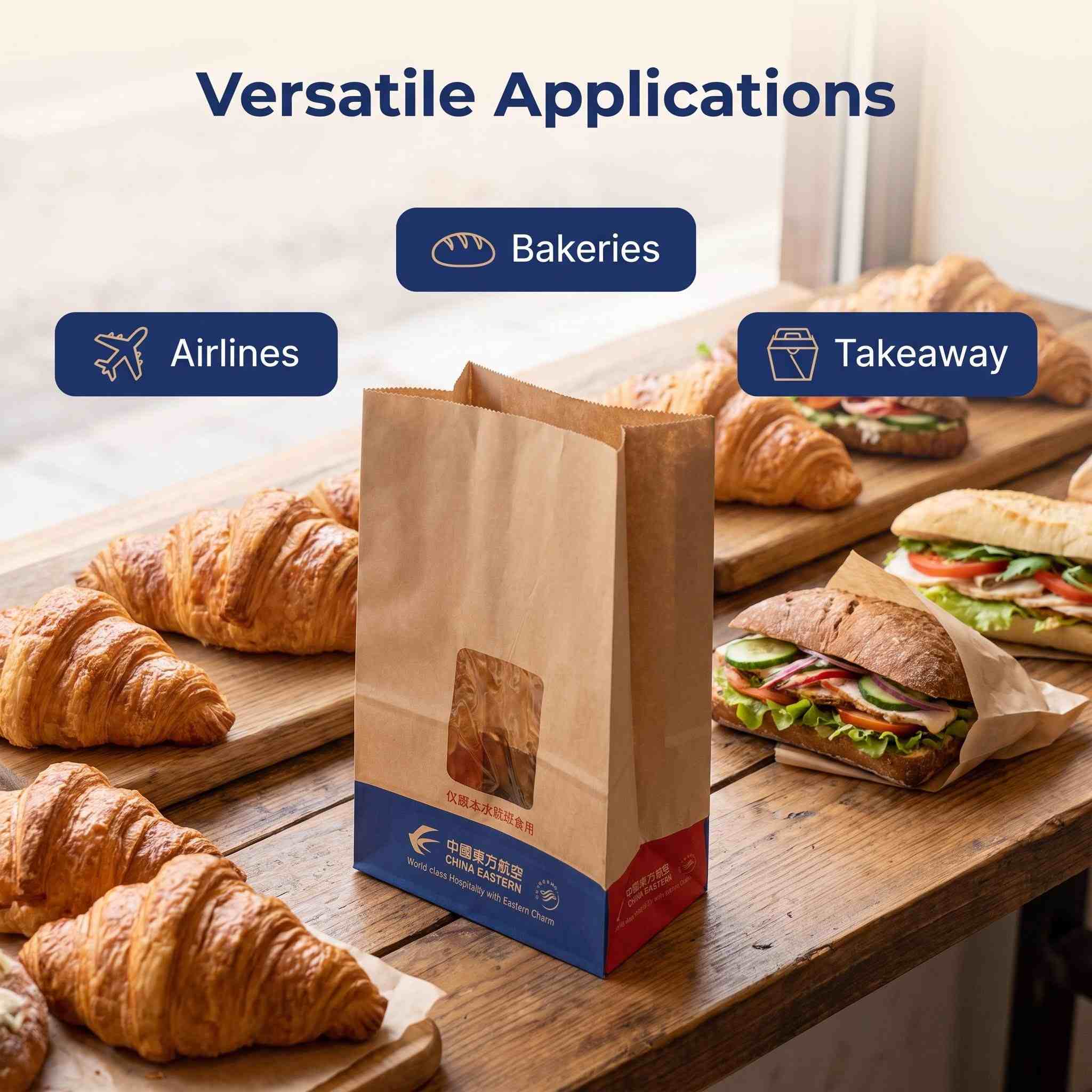 Windowed kraft paper bag for inflight snacks, bakery and takeaway food service display