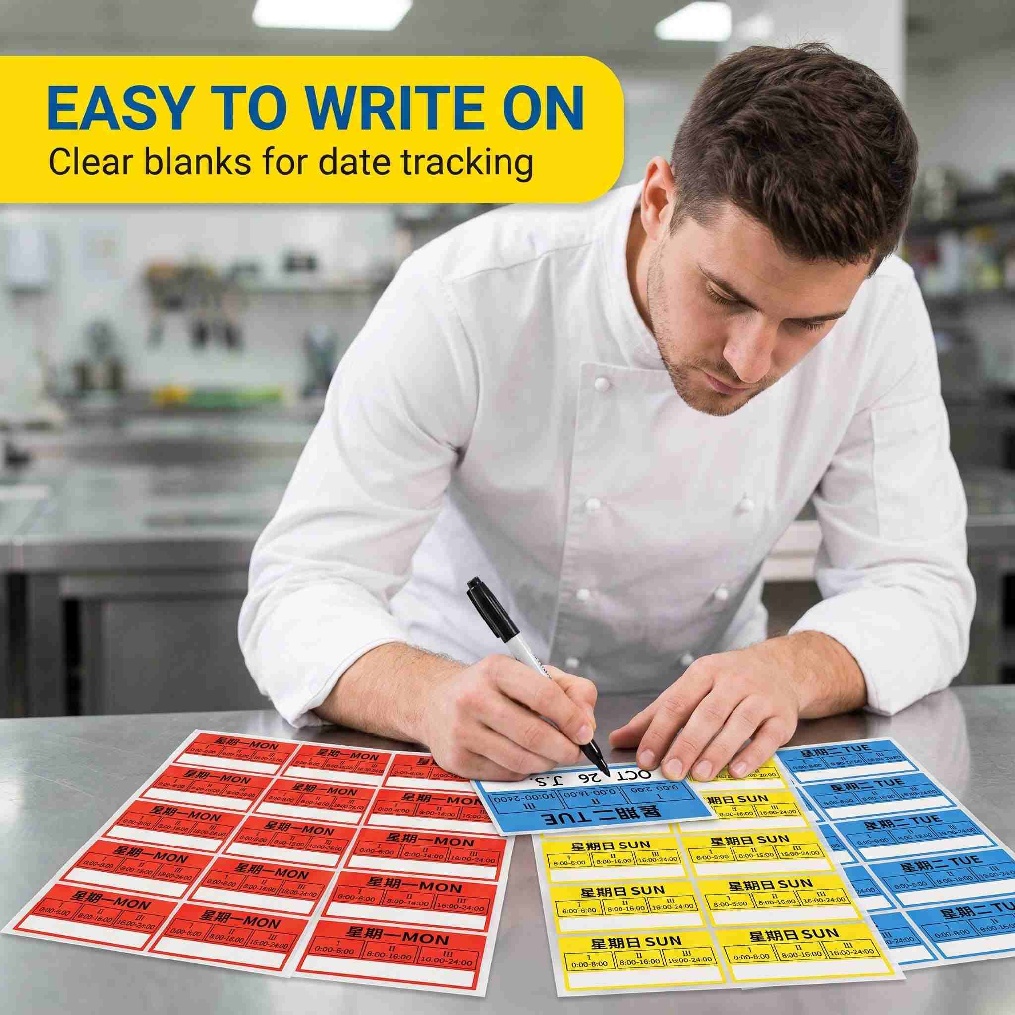 Hand writing on color-coded day-of-the-week label - smooth writing surface Hand writing on color-coded day-of-the-week label - smooth writing surface