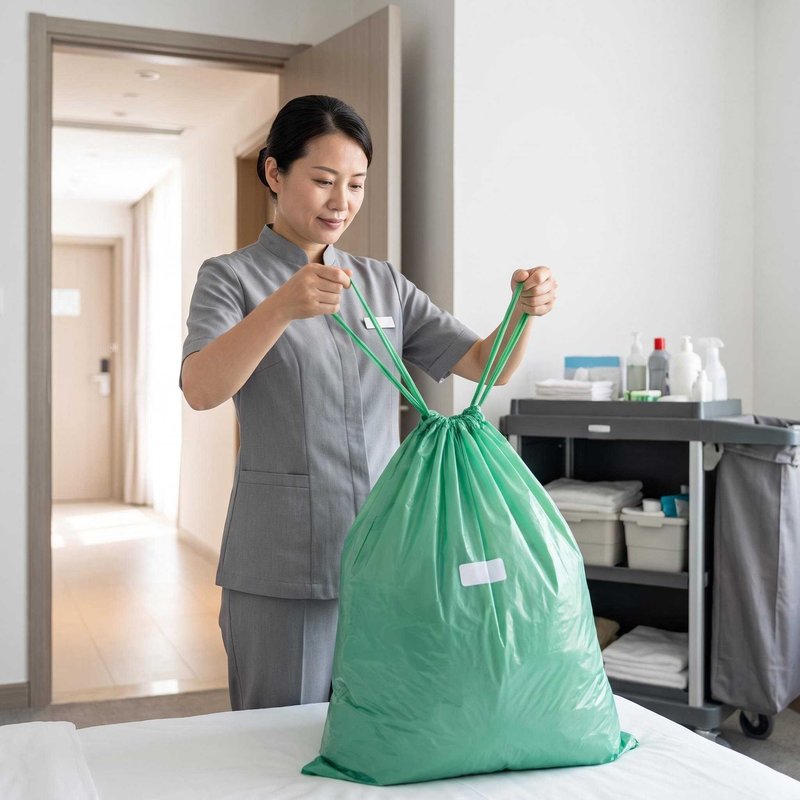 Housekeeper tying green drawstring trash bag