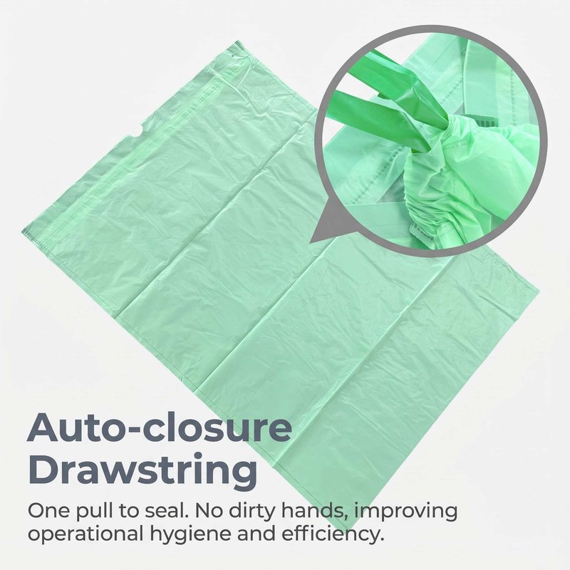 Green trash bag drawstring closure detail