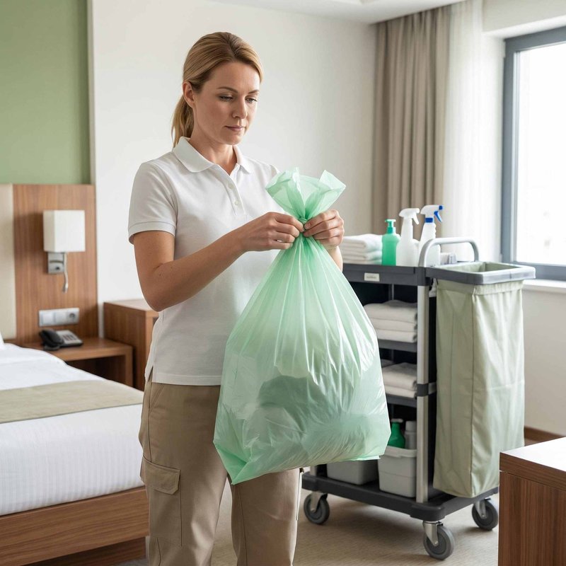 Housekeeper tying vest handle trash bag