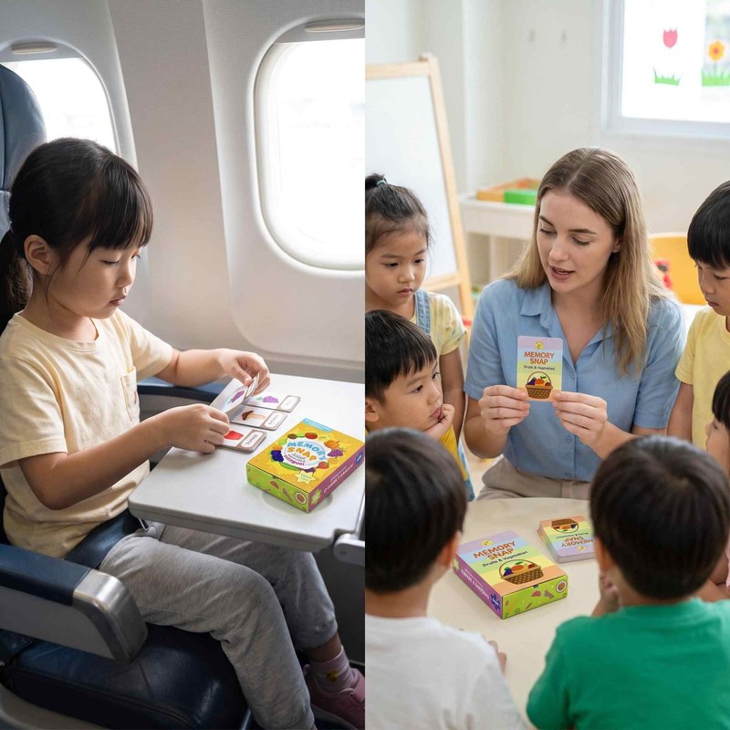 Children learning with cards during flight