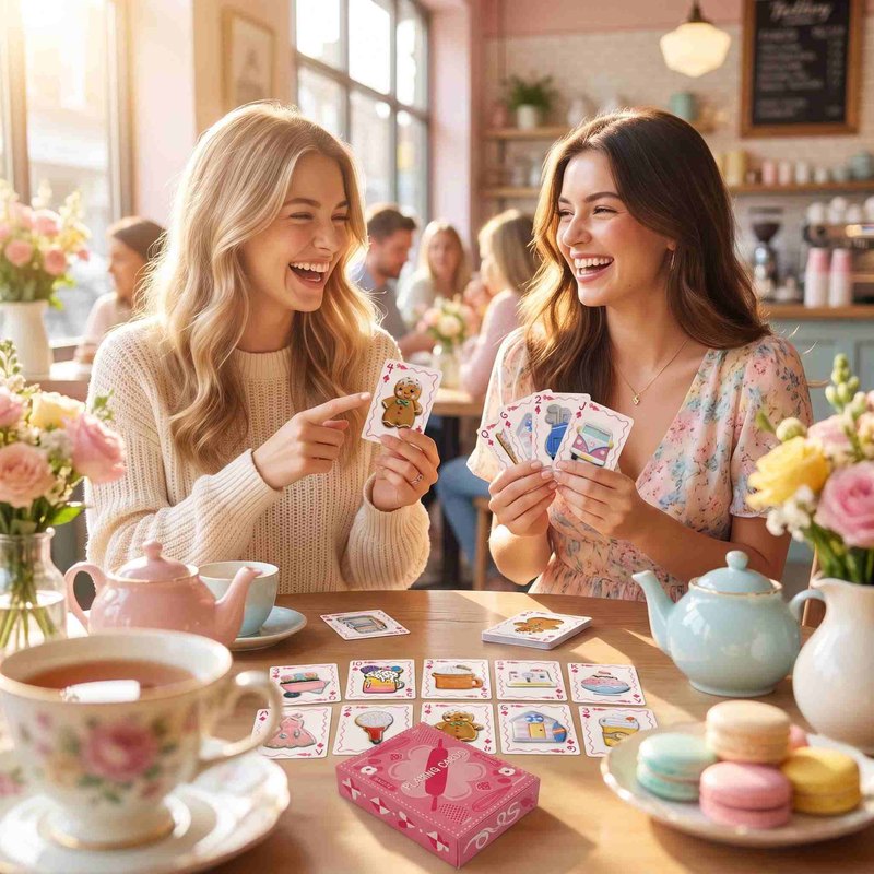 Friends playing baking cards at cafe