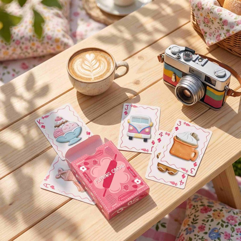 Baking card deck beside coffee cup