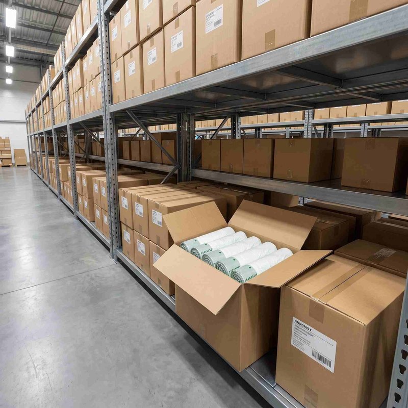 Boxed bin liner rolls in warehouse