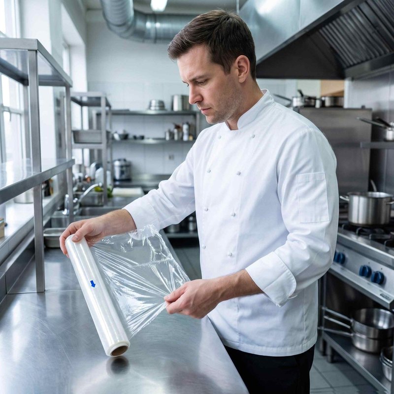 Chef stretching perforated food wrap