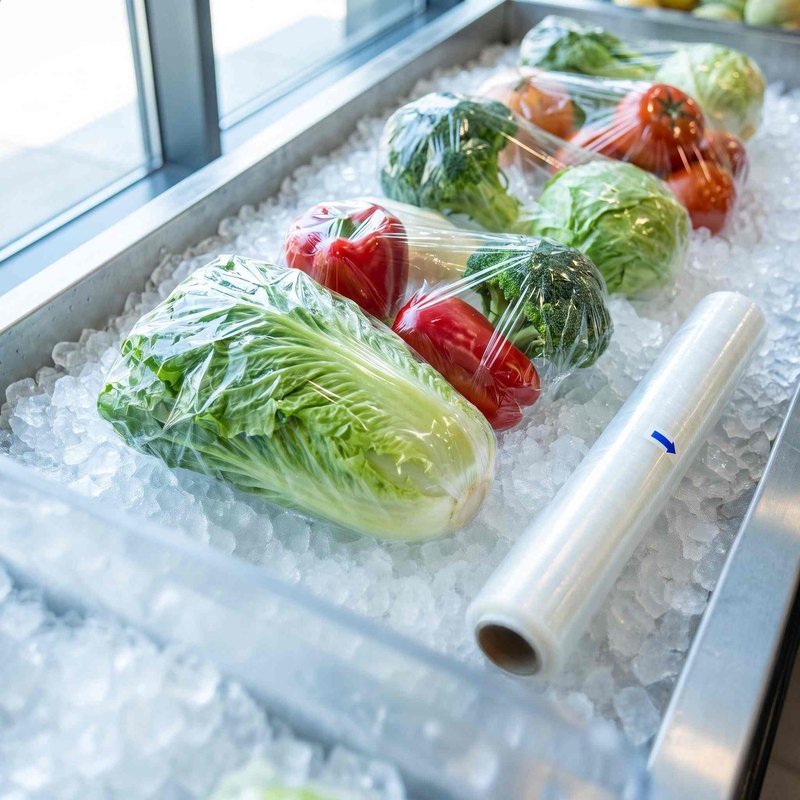 Cling film covering fresh vegetable trays